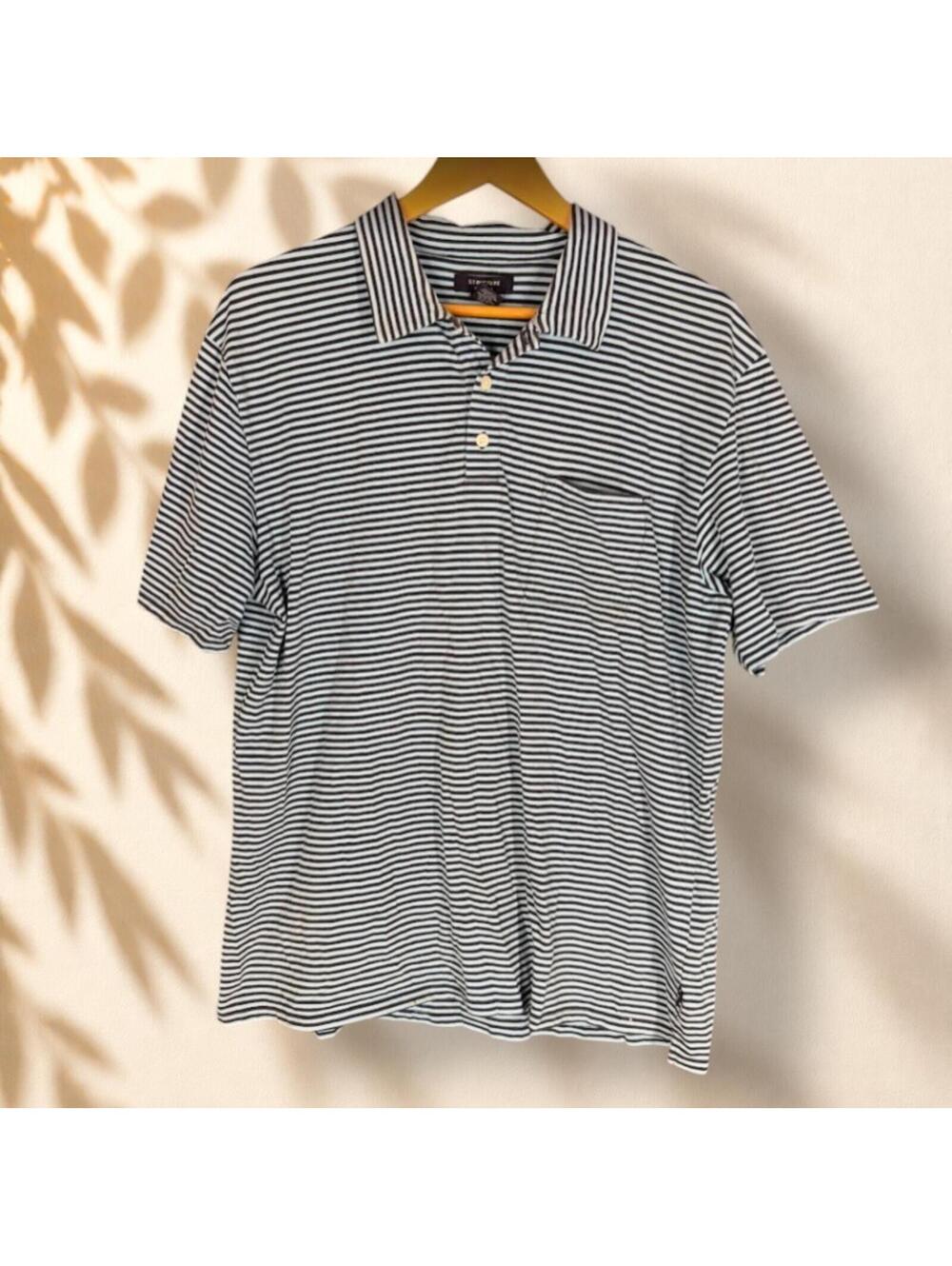 Structure Polo Shirt Men XL Blue Striped Button Up Collared Short Sleeve Cotton